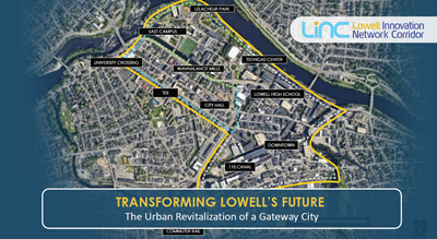 Map of new Lowell Innovation Network Corridor outlined in yellow 